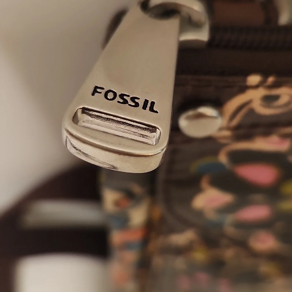 Fossil Women's Key-Per Boho Hippie Dark Brown Floral Canvas Strap Crossbody Bag